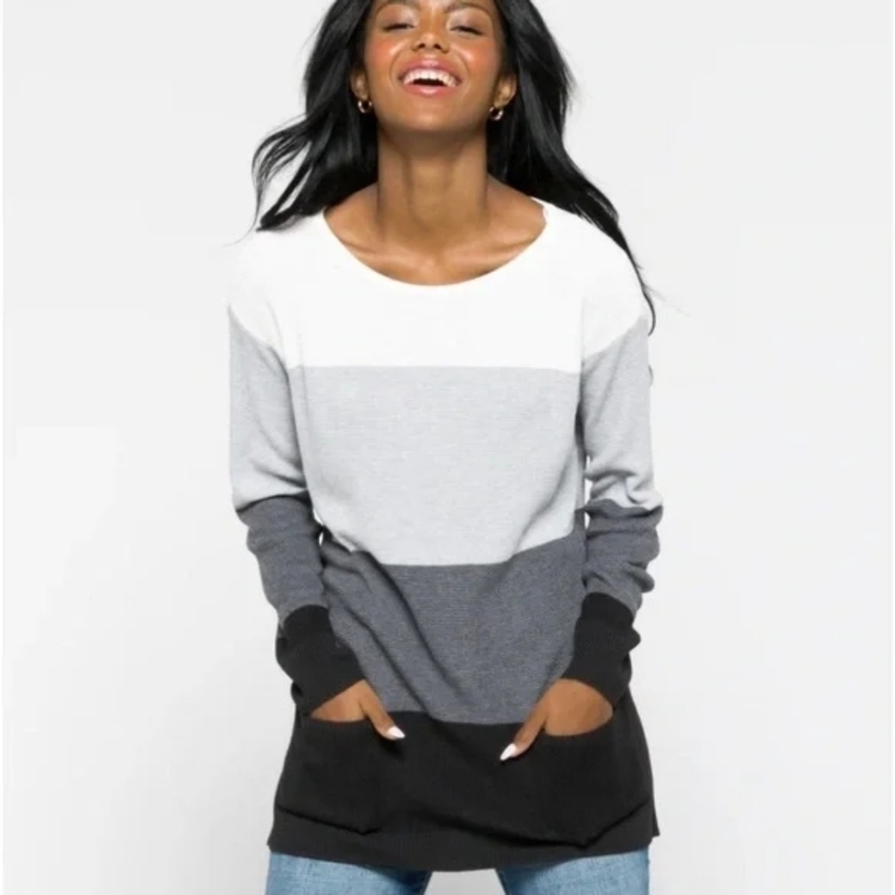 Vince Camuto Antony Colorblock Stripe Knit Slouchy Pocket Sweater Size Medium - Picture 7 of 9